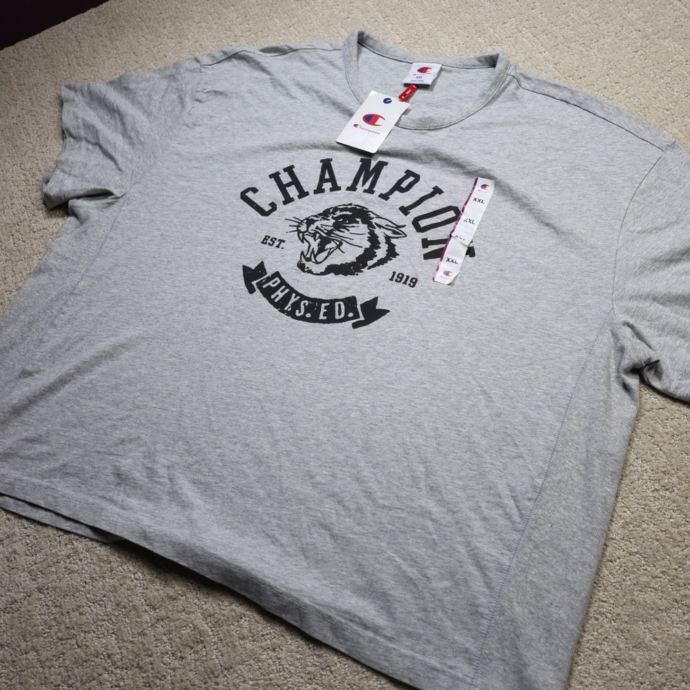 Champion Mens Phys Ed Panther Graphic T-Shirt Gray XXL Boxy Fit
